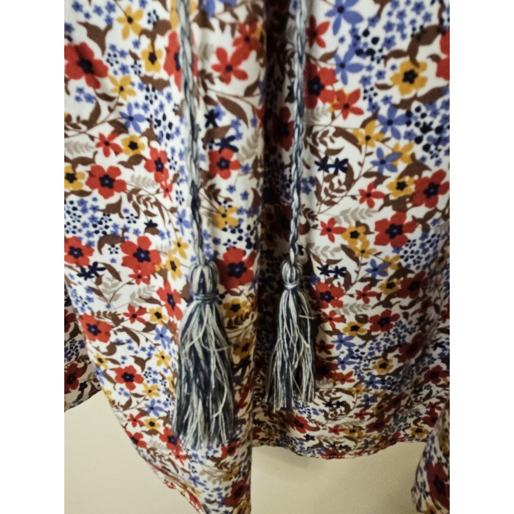 Max Studio Blouse Women M Floral Boho Puff Smocked Sleeve Tassels Flowy Prairie - Picture 9 of 16